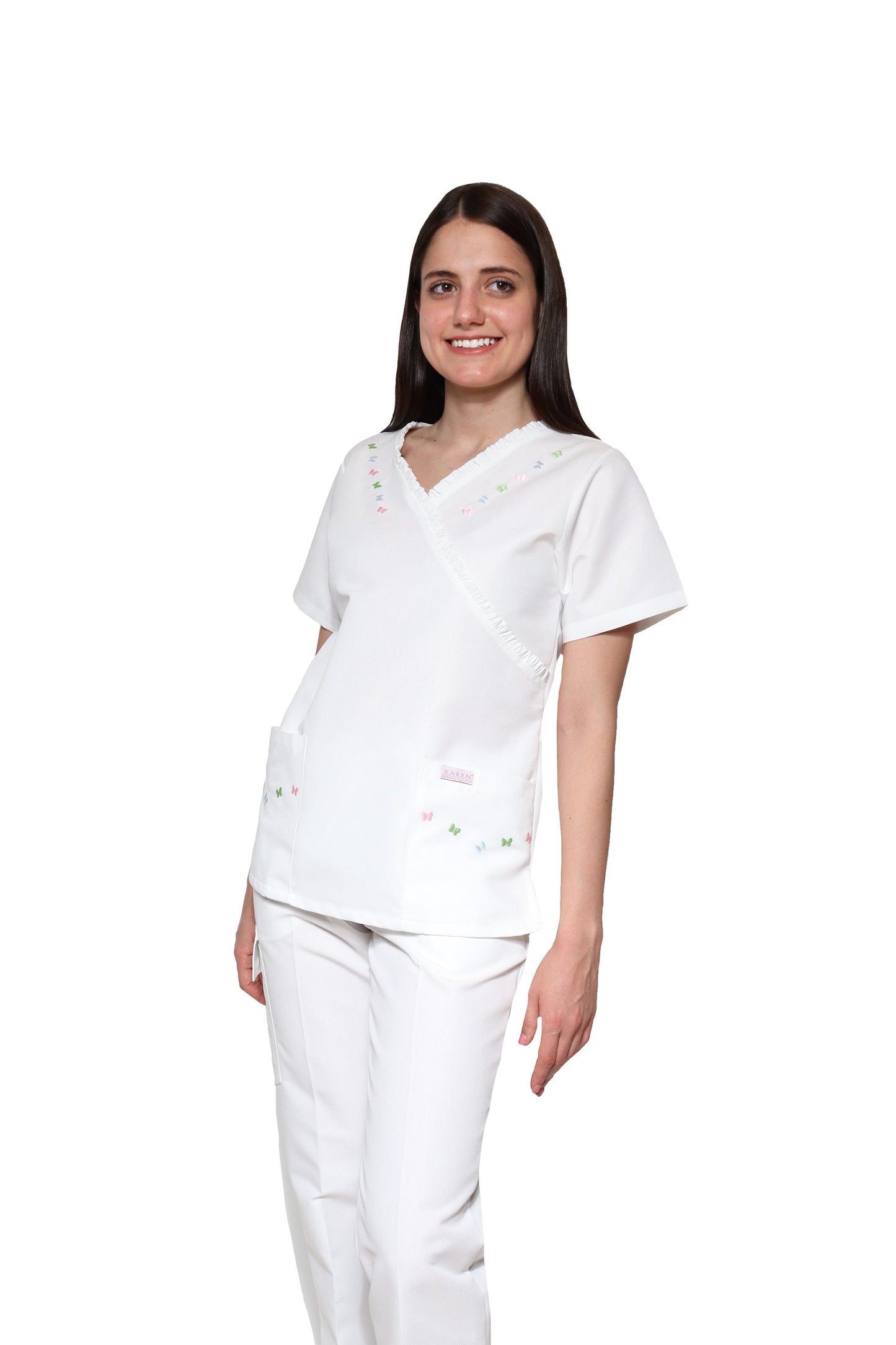 Filipina Top KA-56 MARIPOSITAS -Color BLANCO/COLORES Dama-KAREN MEDICAL FASHION