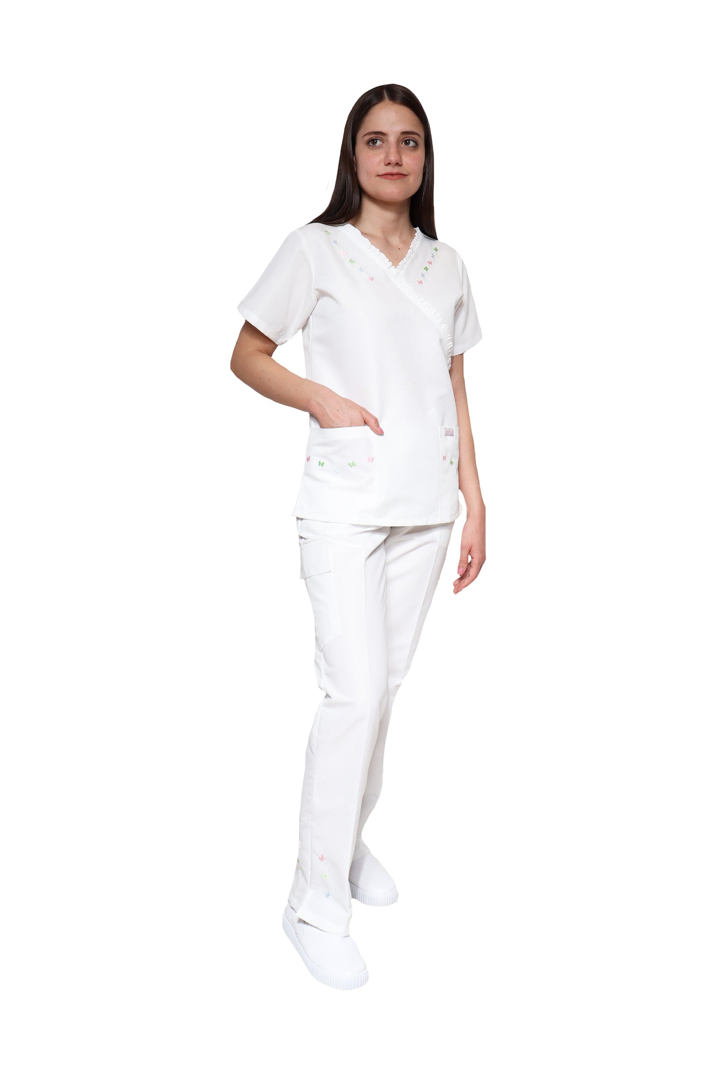 Filipina Top KA-56 MARIPOSITAS -Color BLANCO/COLORES Dama-KAREN MEDICAL FASHION