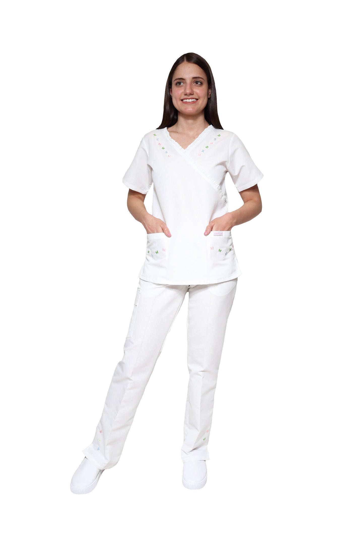Filipina Top KA-56 MARIPOSITAS -Color BLANCO/COLORES Dama-KAREN MEDICAL FASHION