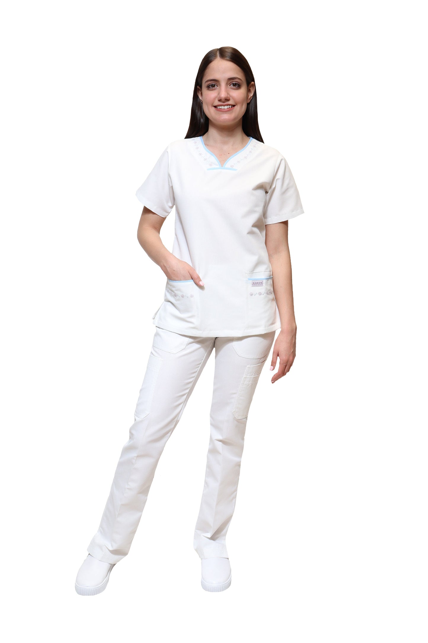 Filipina Top KA-57 BIES -Color BLANCO/CIELO Dama-KAREN MEDICAL FASHION