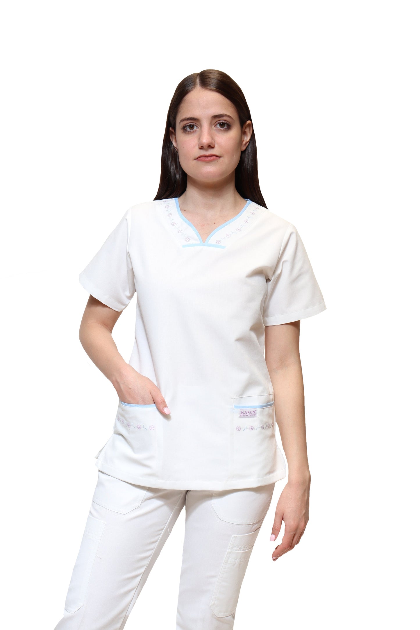 Filipina Top KA-57 BIES -Color BLANCO/CIELO Dama-KAREN MEDICAL FASHION