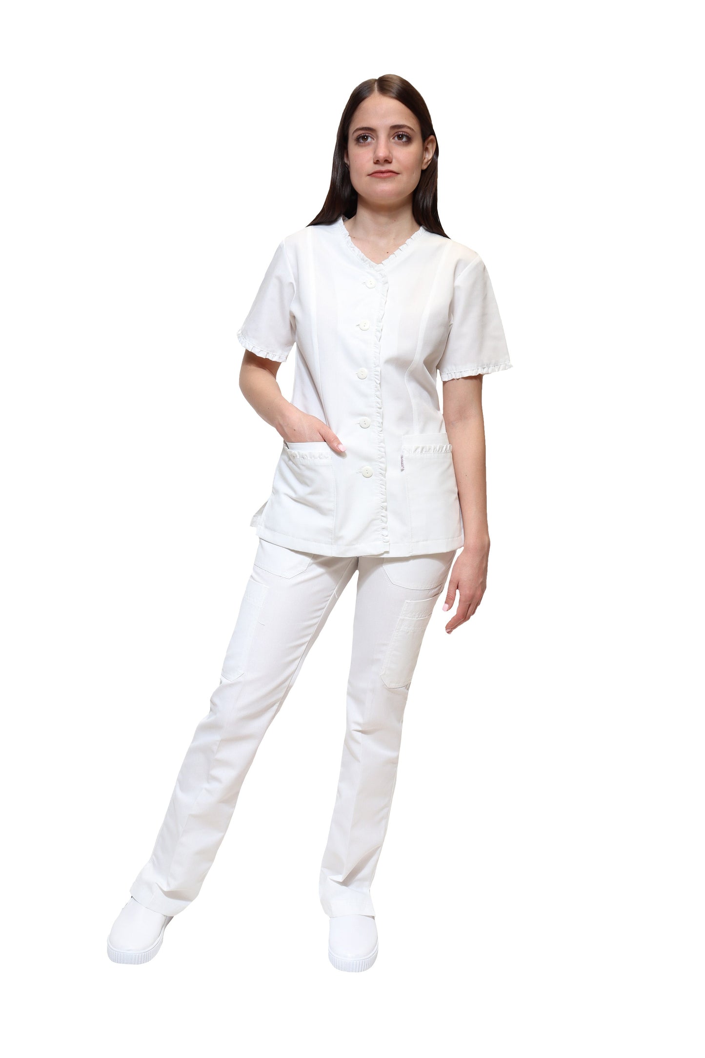 Filipina Top KA-63 RUFLE -Color BLANCO Dama-KAREN MEDICAL FASHION