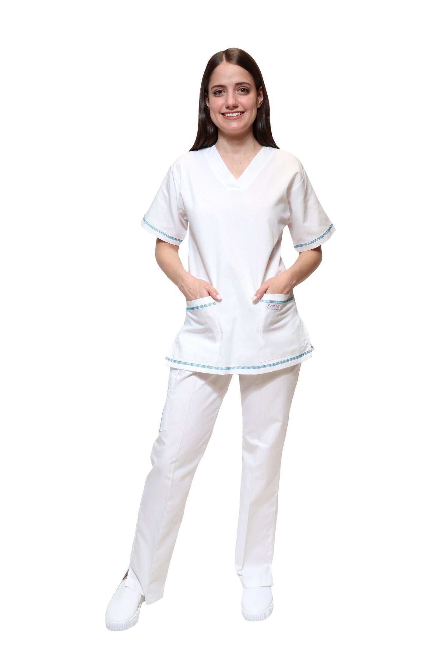 Filipina Top KA-77 COLLARETTE -Color BLANCO/AQUA Dama-KAREN MEDICAL FASHION