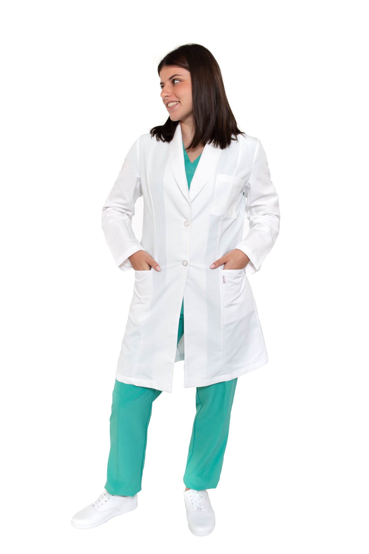 Bata Médica de Laboratorio para Dama KA-34R-ROMBO LARGA CON TECNOLOGÍA REPELENCIA -Karen Medical Fashion
