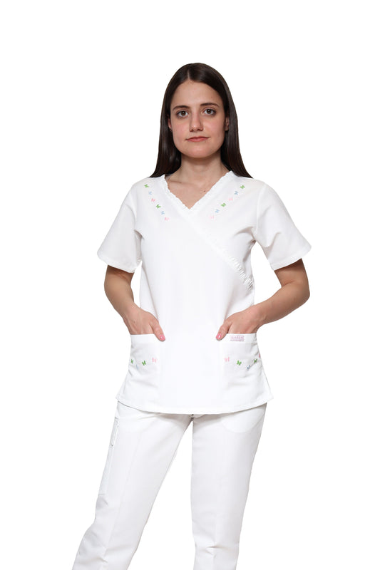 Filipina Top KA-56 MARIPOSITAS -Color BLANCO/COLORES Dama-KAREN MEDICAL FASHION