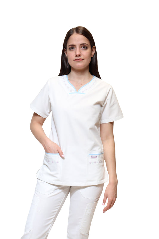 Filipina Top KA-57 BIES -Color BLANCO/CIELO Dama-KAREN MEDICAL FASHION