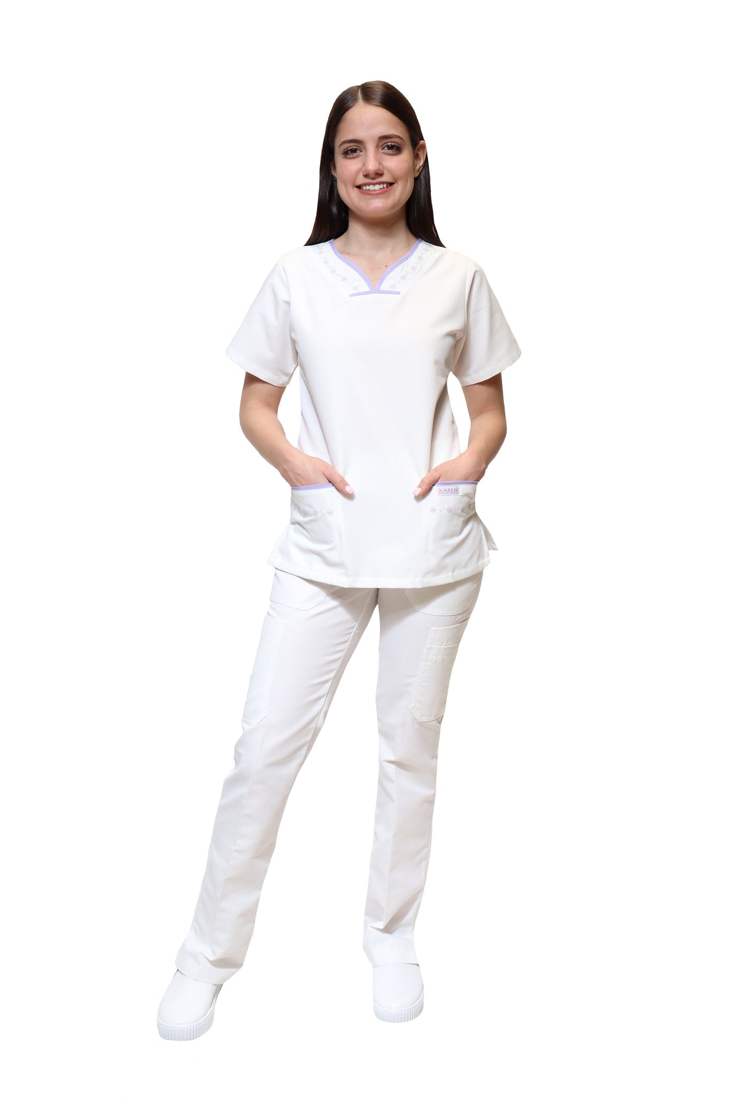 Filipina Top KA-57 BIES -Color BLANCO/LILA Dama-KAREN MEDICAL FASHION