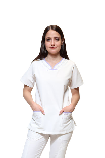 Filipina Top KA-57 BIES -Color BLANCO/LILA Dama-KAREN MEDICAL FASHION