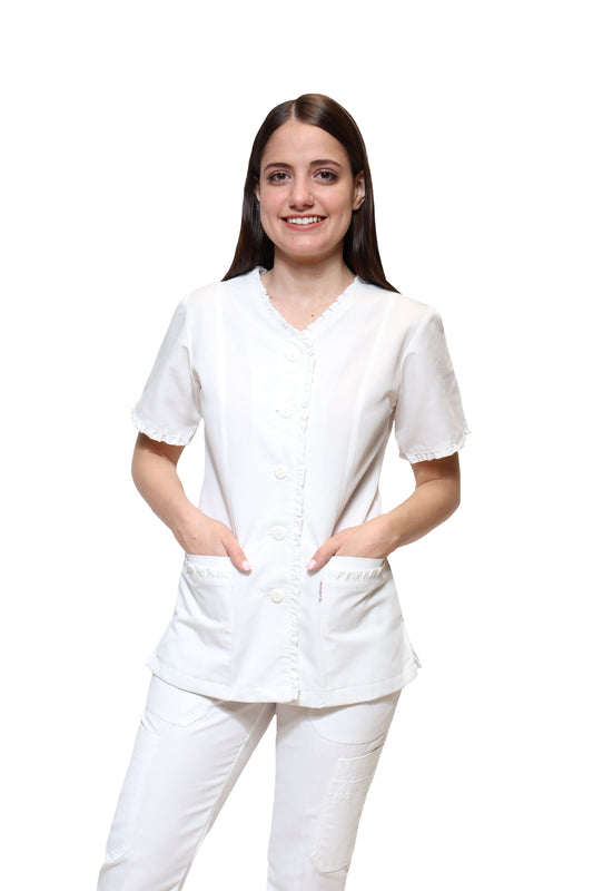 Filipina Top KA-63 RUFLE -Color BLANCO Dama-KAREN MEDICAL FASHION