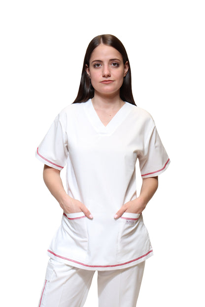 Filipina Top KA-77 COLLARETTE -Color BLANCO/FIUSHA Dama-KAREN MEDICAL FASHION