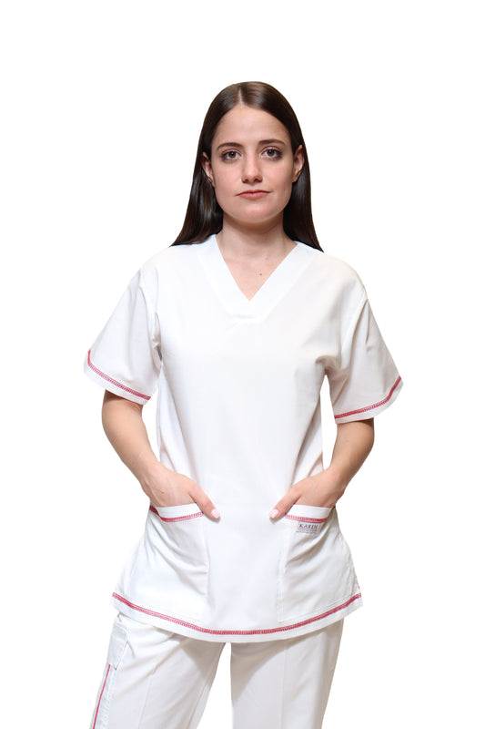 Filipina Top KA-77 COLLARETTE -Color BLANCO/FIUSHA Dama-KAREN MEDICAL FASHION