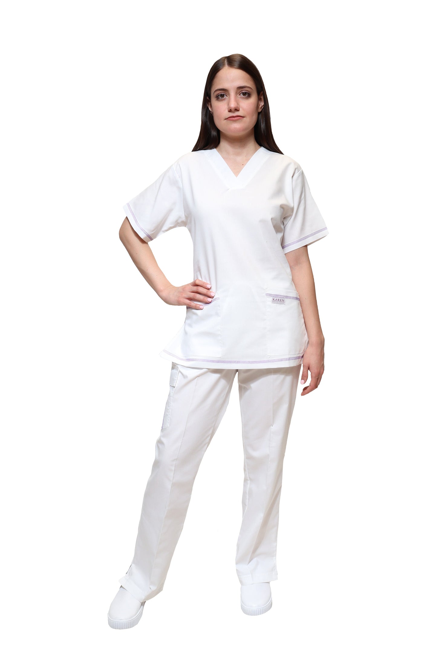 Filipina Top KA-77 COLLARETTE -Color BLANCO/LILA Dama-KAREN MEDICAL FASHION