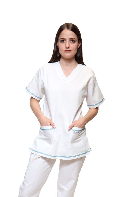 Filipina Top KA-77 COLLARETTE -Color BLANCO/AQUA Dama-KAREN MEDICAL FASHION