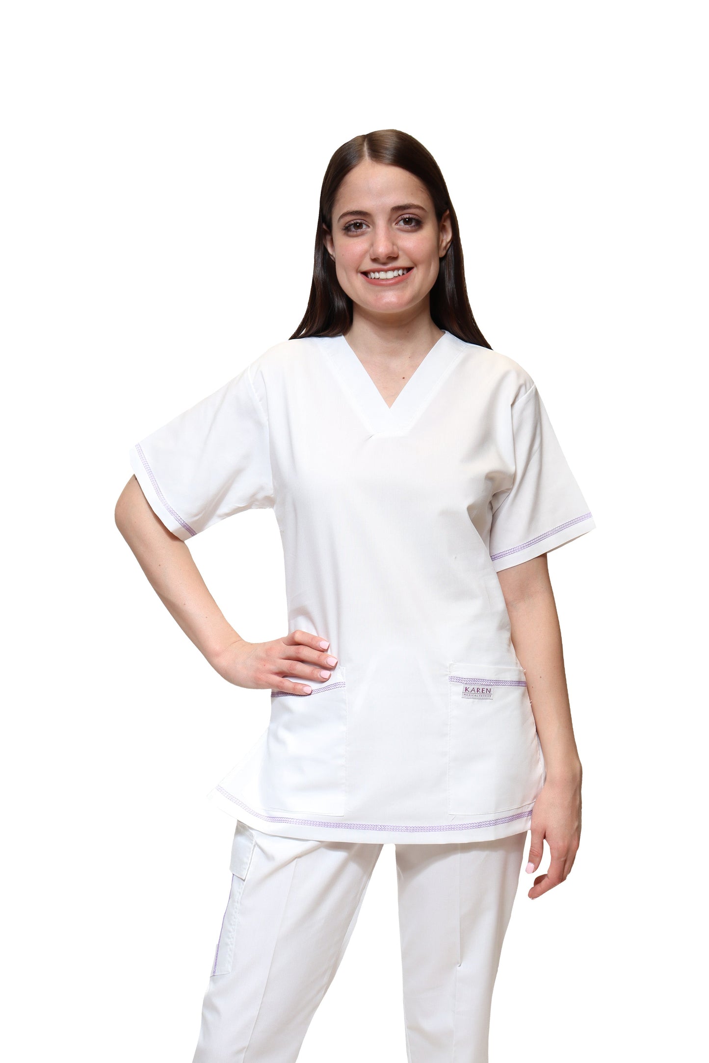 Filipina Top KA-77 COLLARETTE -Color BLANCO/LILA Dama-KAREN MEDICAL FASHION