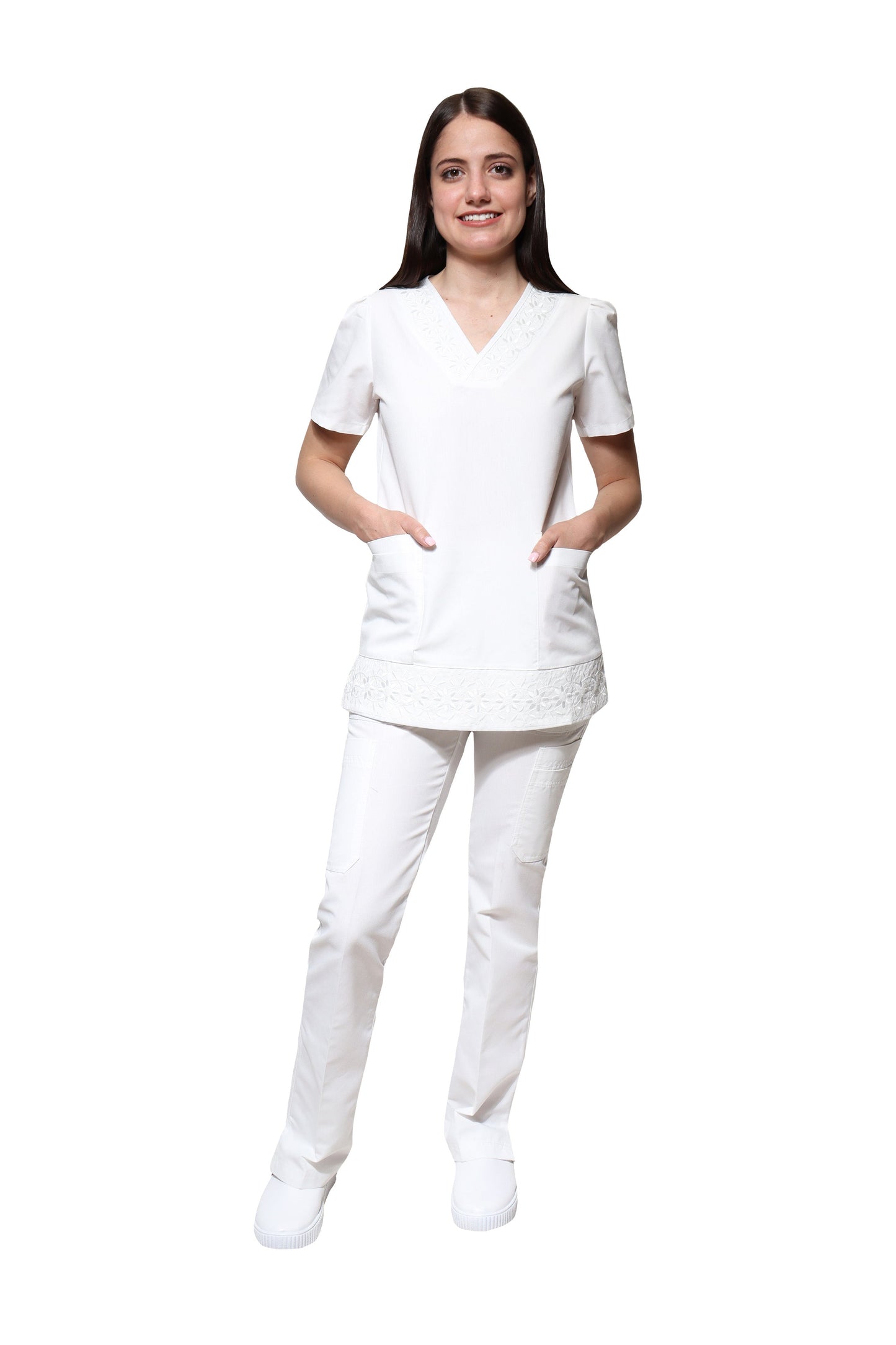 Filipina Top KA-78 GIRASOLES -Color BLANCO Dama-KAREN MEDICAL FASHION