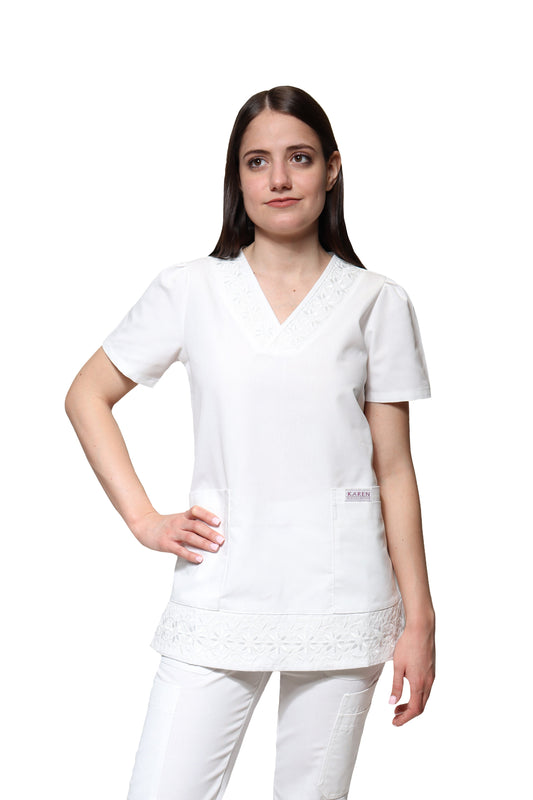 Filipina Top KA-78 GIRASOLES -Color BLANCO Dama-KAREN MEDICAL FASHION