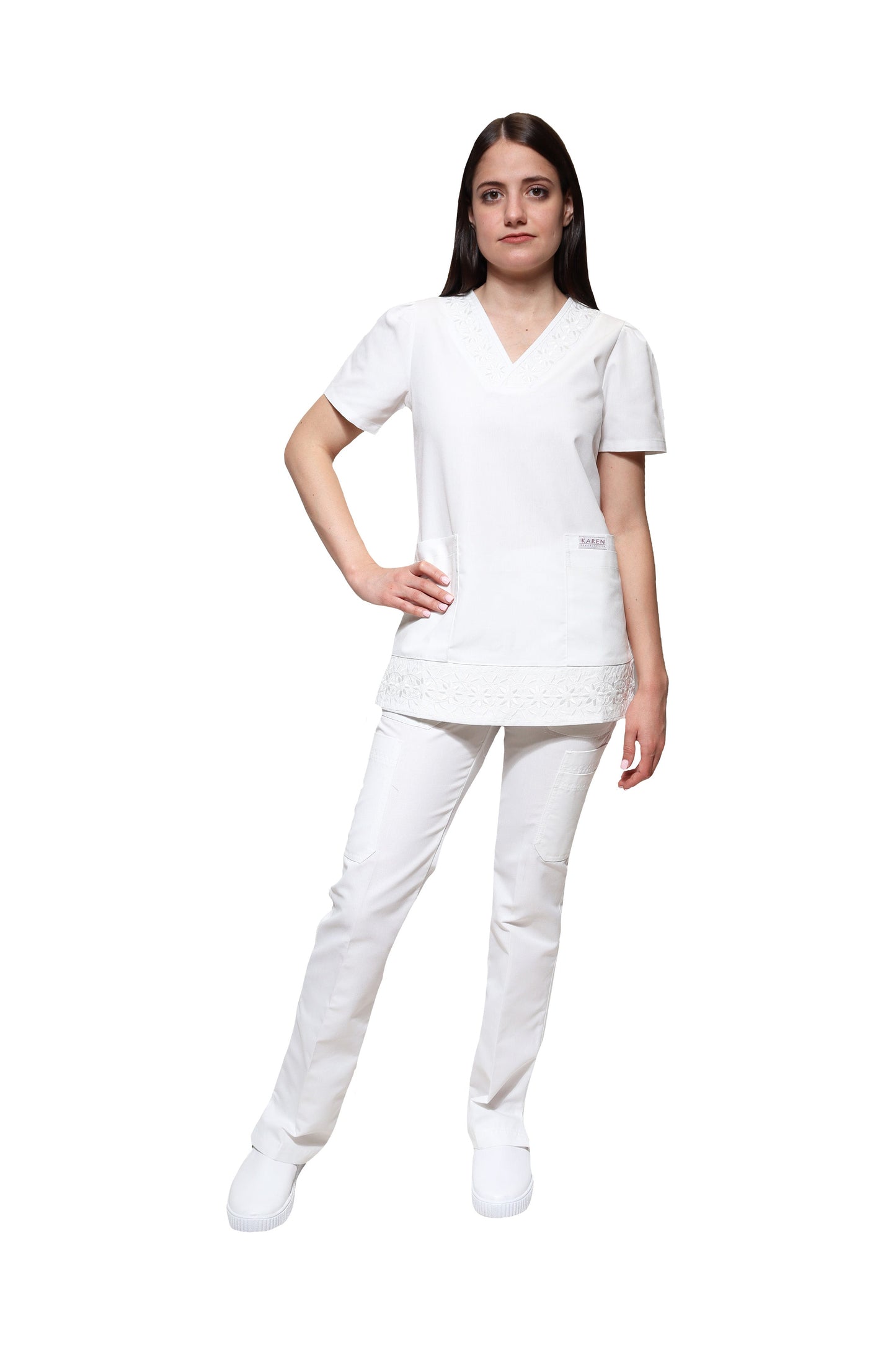 Filipina Top KA-78 GIRASOLES -Color BLANCO Dama-KAREN MEDICAL FASHION