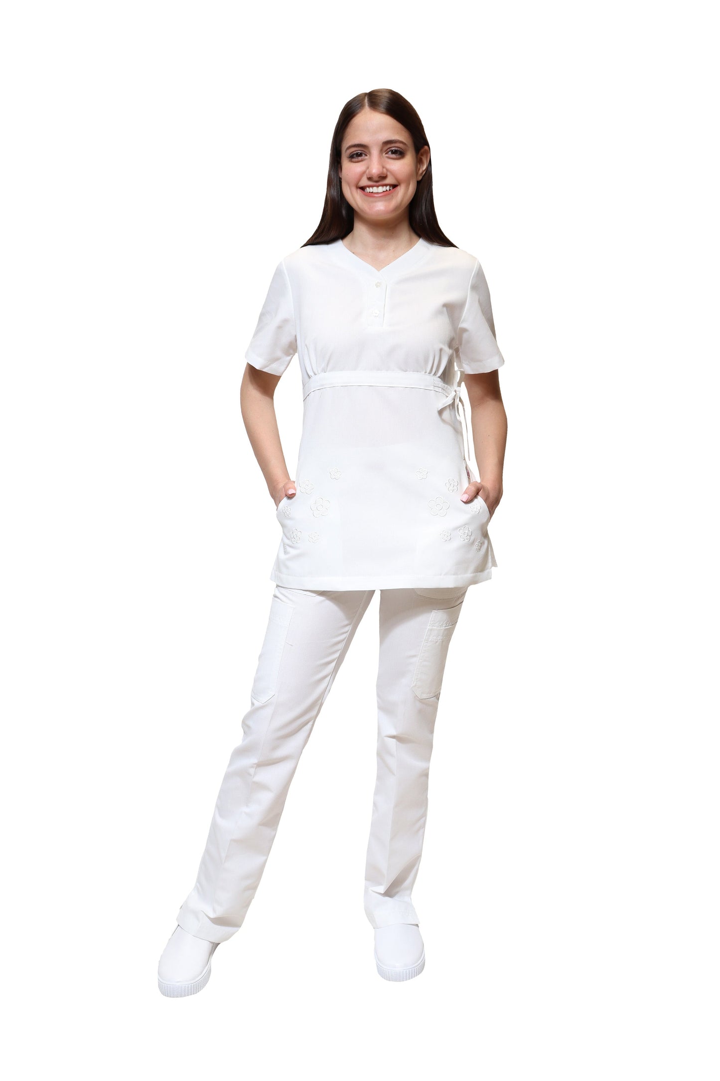 Filipina Top KA-79 FLORECITAS -Color BLANCO Dama-KAREN MEDICAL FASHION