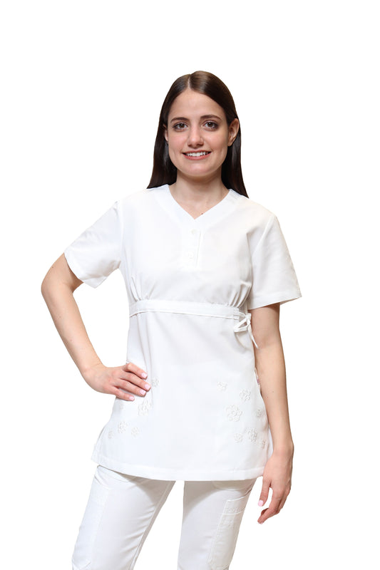 Filipina Top KA-79 FLORECITAS -Color BLANCO Dama-KAREN MEDICAL FASHION